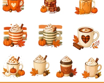 Pumpa krydda latte PNG, höstkaffe clipart paket, höstmugg sublimeringsdesign, mysig höstdryck PNG, digital nedladdning