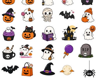 Cute Halloween Clipart Bundle, 30 Kawaii Ghost PNG, Spooky Cute Pumpkin Witch Bat Clipart, Halloween Sublimation, Commercial Use Bundle