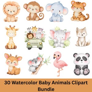 May include: A collection of 30 watercolor baby animal clipart illustrations. The image features a lion, monkey, elephant, tiger, giraffe, safari jeep with animals, elephant, wolf, deer, koala, flamingo, and panda. The text at the bottom reads "30 Watercolor Baby Animals Clipart Bundle."