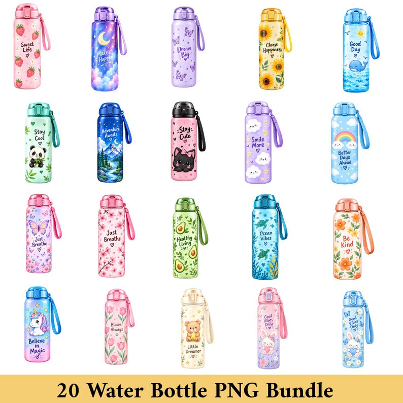 Sticker Avocado Design Water Bottle PNG Bundle, Cute Kawaii Bottle Clipart Set, Motivational ...