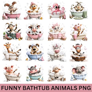 Puede incluir: Una colección de dieciséis ilustraciones digitales que muestran varios animales de dibujos animados, incluyendo un conejo, pato, pulpo, cabra, vaca, gato, jirafa, perro, unicornio, cebra, cerdo, hipopótamo, oveja y elefante, cada uno bañándose en una tina llena de burbujas de jabón.