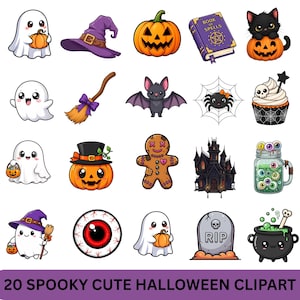May include: A set of 20 spooky and cute Halloween clipart images. The images include ghosts, pumpkins, a witch's hat, a black cat, a spider, a cupcake, a gingerbread man, a haunted house, and a cauldron.