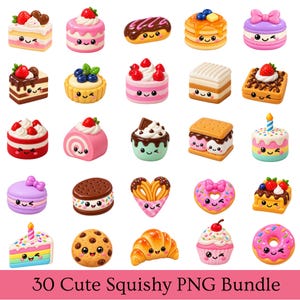 Pode incluir: Uma coleção de trinta ilustrações de sobremesas tipo squishy com bolos, donuts, biscoitos e doces. Cada item exibe um rosto de desenho animado alegre com olhos e um sorriso, renderizado em tons vibrantes de rosa, marrom e amarelo.