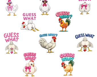 Gissa vilken kycklingrumpa PNG-paket, rolig preppy sublimeringsdesign, matchande skjortor grafik, fram- och baksida retro humor digital nedladdning