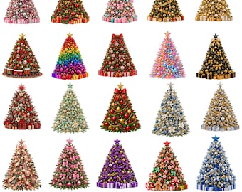 Julgran PNG-paket, dekorerad julgran Clipart, realistisk sublimeringsdesign för högtider