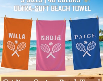 Toalha de praia personalizada com nome e raquete de tênis, toalha de banho ultramacia e absorvente, toalha de banho personalizada para amantes de tênis, presente ideal para férias de verão e aniversários.