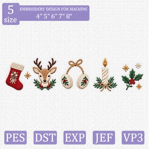 May include: A set of five Christmas machine embroidery designs including a red stocking, a reindeer head, earmuffs, a candle, and holly leaves. Text reads: 5 size EMBROIDERY DESIGN FOR MACHINE 4" 5" 6" 7" 8" and file formats PES, DST, EXP, JEF, VP3.