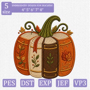 Può includere: Un disegno per ricamo a macchina raffigurante una zucca a forma di pila di libri. Il disegno include il testo 5 size EMBROIDERY DESIGN FOR MACHINE 4" 5" 6" 7" 8" e i formati PES, DST, EXP, JEF, VP3. La zucca è di colore arancione, marrone e crema.