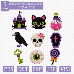 Könnte beinhalten: Ein digitales Stickmuster-Set mit acht Motiven: ein lila-schwarzes Schloss, ein schwarzes Katzengesicht, eine Zaubertrankflasche, ein schwarzer Rabe, ein Totenkopf mit rosa Blume, ein Sarg mit rosa Kreuz, ein grüner Schlüssel, ein Augapfel und ein lila Lutscher.