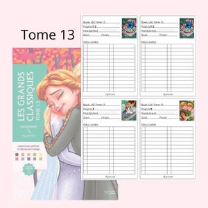 Op de afbeelding: Een kleurboek getiteld Les Grands Classiques Tome 13 met een illustratie van twee omhelzende figuren. Daarnaast staan vier volgbladen met velden voor boektitel, paginanummers, moeilijkheidsgraad, start- en einddatum en kleurcodes.