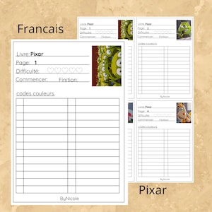 May include: A set of four printable coloring pages featuring characters from the Pixar movie franchise. Each page includes a title, page number, difficulty level, and color code section. The pages are labeled "Francais" and "Pixar".