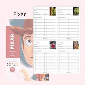 May include: A Pixar mystery coloring book featuring Woody on the cover with the text Pixar, Coloriages mystères, and Atelier Créatif. Four accompanying tracking sheets are displayed, each labeled with Pixar, page numbers, and color codes.