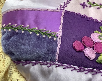Handmade Heart Pillow purple and lace embroidered and appliques