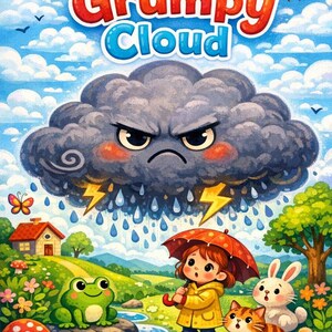 Może przedstawiać: Kolorowa okładka książki dla dzieci zatytułowana "The Grumpy Cloud". Obraz przedstawia złośliwą chmurę z deszczem i błyskawicami, dziecko z parasolem, żabę, kota i królika. Dla dzieci w wieku 3-5 lat.