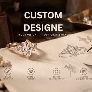 Puede incluir: Un anillo de oro rosa con una piedra central de talla marquesa y piedras laterales más pequeñas, sobre papel de boceto con un dibujo técnico. El texto dice CUSTOM DESIGNE, YOUR VISION, OUR CRAFTSMANSHIP, SHARE YOUR IDEA, CUSTOM DESIGN, EXPERT CRAFTSMANSHIP, A JEWEL UNIQUELY YOURS.