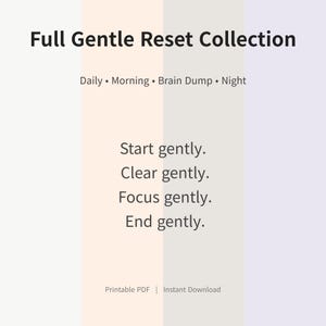 May include: A digital graphic with the text "Full Gentle Reset Collection" in black. The text is on a background with vertical color blocks of white, peach, gray, and purple. The text includes "Daily, Morning, Brain Dump, Night, Start gently, Clear gently, Focus gently, End gently."