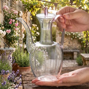 May include: A clear glass water pitcher with a long, curved spout and a handle. The pitcher has a rounded base and a lid with a pink finial. The pitcher is held by a person's hand.