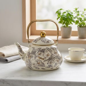 May include: Cream-coloured floral teapot with a gold handle and lid finial. The teapot features a detailed pattern of grey and gold flowers and dragonflies. A matching teacup and saucer sit nearby, suggesting a tea set.