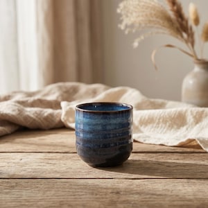 Peut inclure: Une tasse en céramique avec un glaçage bleu foncé et marron. La tasse a un design texturé et strié et est posée sur une surface en bois. La tasse est vide et semble faite à la main. L'arrière-plan comprend un vase avec des plantes séchées.