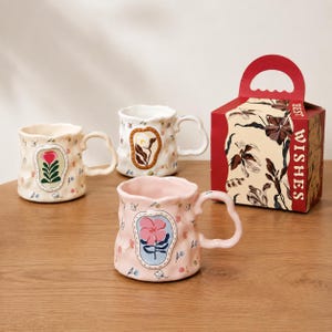 Aesthetic Floral Ceramic Mug, Irregular Wavy Coffee Cup, Cottagecore Tea Mug, Cute Pink Flower Cup, Unique Gift for Her