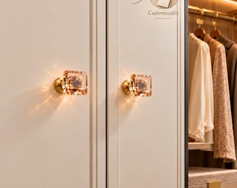 Amber Crystal Cabinet Knobs, Gold Drawer Pulls, Glass Dresser Handles, Decorative Wardrobe Door Knob, Custom Furniture Hardware