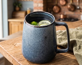 Large Vintage Ceramic Mug 24oz Rustic Pottery Coffee Cup, Handmade Blue Tapered Tea Mug for Home Office Gift