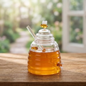 Könnte beinhalten: Ein klarer Honigtopf aus Glas in Form eines Bienenstocks, gefüllt mit goldenem Honig. Der Topf hat einen Glaslöffel und ist mit drei dekorativen Glasbienen verziert. Der Topf steht auf einer Holzoberfläche, mit einem verschwommenen Hintergrund im Freien.