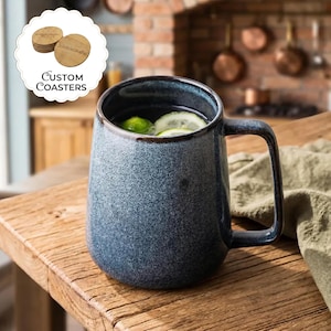 Large Vintage Ceramic Mug 24oz Rustic Pottery Coffee Cup, Handmade Blue Tapered Tea Mug for Home Office Gift