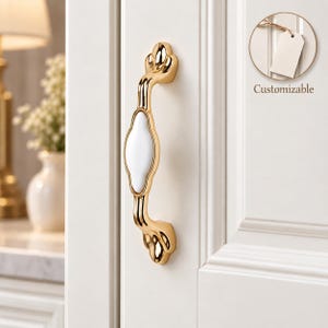 Gold and White Cabinet Handles, Ceramic Drawer Pulls, Vintage Kitchen Cabinet Hardware, Dresser Handles