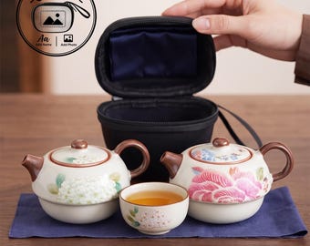 Personaliseerbare Ru Kiln reistheeset, draagbare keramische theepot en theekopjesset met draagtas, vintage theecadeau voor buiten