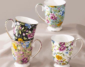 Floral Bone China Mug with Gold Rim, Elegant Ceramic Coffee Cup for Tea and Water, Vintage High Foot Mug Gift for Women