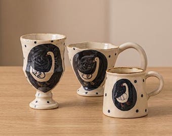 Handmade Goose Ceramic Mug Set, Cute Animal Pottery Cup, Rustic Starry Goose Tableware, Whimsical Coffee Mug Gift