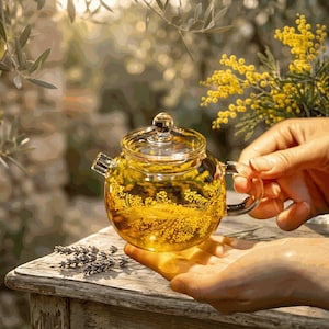 May include: A clear glass teapot filled with yellow liquid and floral designs. The teapot has a rounded body, a handle, and a lid with a small knob. The teapot is held over a wooden surface, with yellow flowers and green foliage in the background.