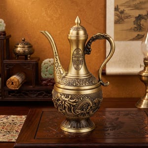 May include: A metallic brass-colored ewer featuring an ornate dragon relief on the rounded body, a long curved spout, and a handle shaped like a mythical creature. The vessel includes a removable lid with a pointed finial and intricate patterns.