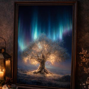 以下が含まれることがあります： オーロラの下に輝く木を描いた額入りのアートプリント。木は黄金色に輝き、緑と紫の筋が入った濃い青色の空を背景にしています。魅惑的な風景。
