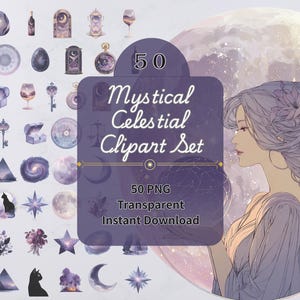 以下が含まれることがあります： 「Mystical Celestial Clipart Set」と題されたデジタルアートセット。50個のPNG透明画像が含まれています。月、星、神秘的なオブジェクトなど、紫と青の色合いの天体テーマのイラストが含まれています。長い髪の女性も描かれています。