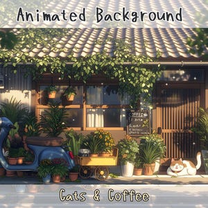 Könnte beinhalten: Animierte Illustration eines Cafés mit dem Text "Animated Background" oben und "Cats & Coffee" unten. Vor dem Geschäft stehen ein blauer Roller, ein gelber Wagen und Topfpflanzen. Eine Katze ruht sich in der Nähe des Eingangs aus.