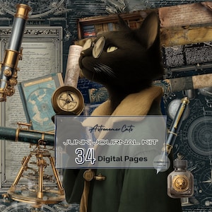 以下が含まれることがあります： 天文学者の猫をテーマにしたデジタルジャンクジャーナルキット。画像には、メガネとコートを着た黒猫が写っており、望遠鏡、地図、ヴィンテージの逸品に囲まれています。キットには34のデジタルページが含まれています。