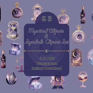 Conjunto de imágenes prediseñadas de objetos y símbolos místicos, elementos PNG mágicos celestiales