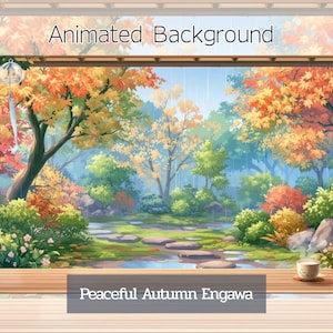 Könnte beinhalten: Ein animierter digitaler Hintergrund mit Blick von einer Engawa-Veranda auf einen herbstlichen Garten im Regen mit leuchtend orangefarbenen und gelben Ahornbäumen, einem Steinpfad, einem Windspiel aus Glas und einer dampfenden Teetasse.