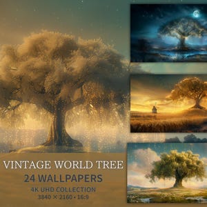 Vintage World Tree 4K-bakgrundsbilder, 24 skrivbordsbakgrunder med fantasilandskap, digital nedladdning av forntida träd