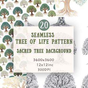Seamless Tree of Life Pattern Pack, 20 Mystic Forest Digital Papers 3600x3600, Sacred Tree Background, Printable, Commercial Use