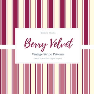 May include: Seamless digital paper with vertical stripes in berry, cream, and white. The text "Berry Velvet" is displayed in a cursive font, with "Vintage Stripe Patterns" and "Set of 2 Seamless Digital Papers" below.