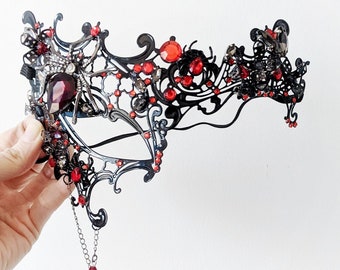 Spider Stone metal mask - filigree masquerade half mask - phantom mask - black and red - rhinestones - asymmetrical