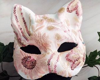 Fancy Kitty lace cat masquerade mask white pink gold