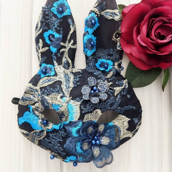 Blue Floral Bunny mask - embroidered lace rabbit masquerade masque