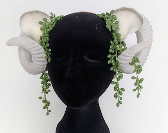 Bighorn with mushrooms headband headpiece - ram horns, oyster mushrooms - made to order