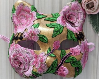 Wild Rose Kitty embroidery lace cat masquerade mask