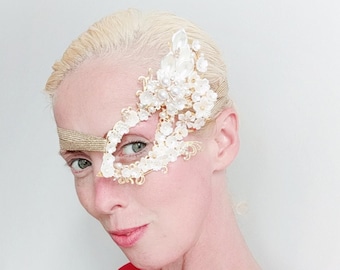 Bee Blossoms one-eye metal mask - filigree one-eyed masquerade half mask - gold pearl rhinestone asymmetrical