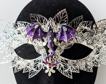 Dragon Flight metal mask - lace filigree masquerade masque - silver and purple - *made to order, please note production time*